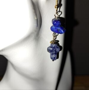 Semiprecious Gemstone Blue Spot Jasper Cross and Sodalite Dangle Earrings